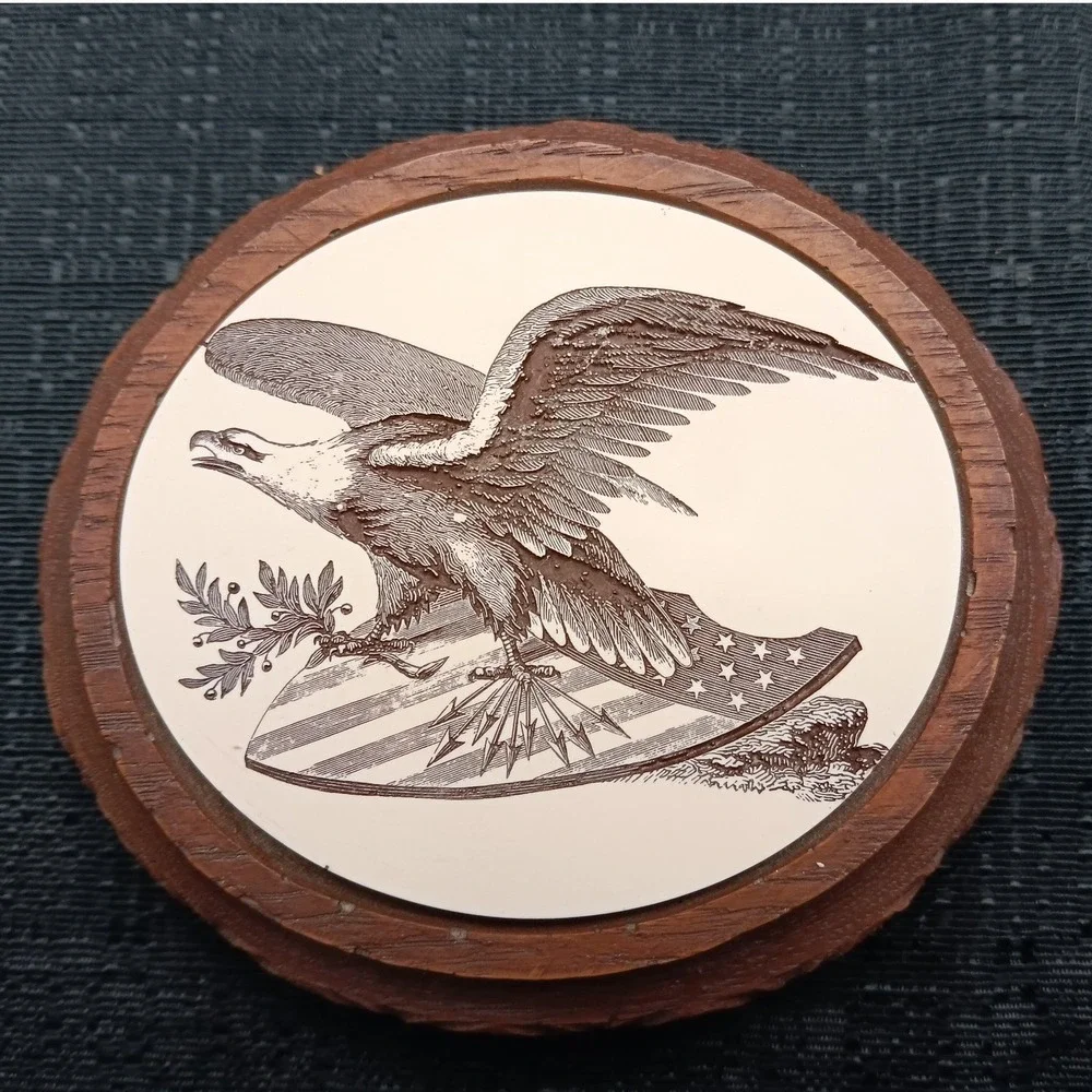 Vintage MCM Delano Federal Eagle Wood Tile Plaque Livingstone Evans 70's USA
